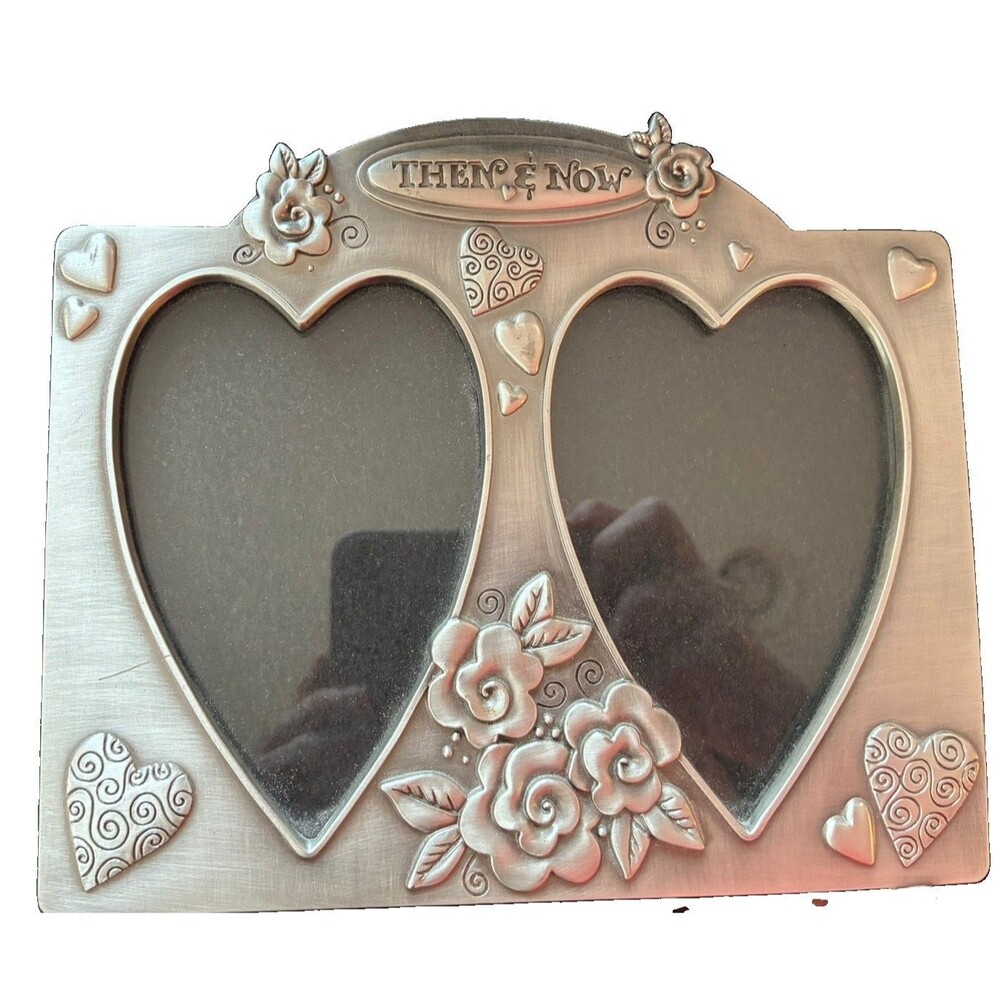 Vintage 2006 FETCO Pewter Double Picture Frame, Then & Now” Hearts